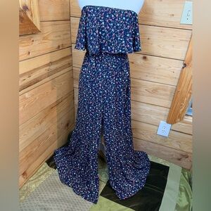 Floral Pant Jumpsuit Tiered Umgee Sleeveless Ruffle Women’s Medium Navy Pink Rom